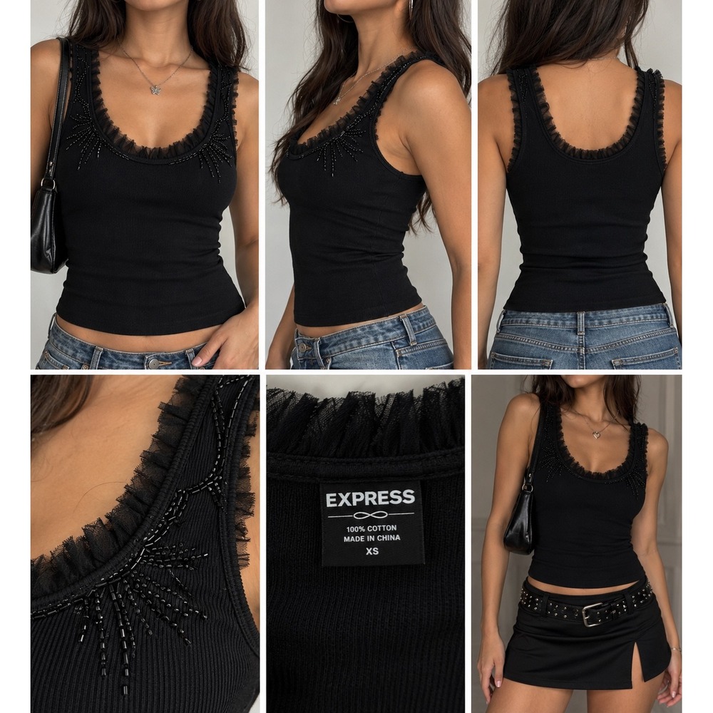 Express Black Beaded Ruffle Ribbed Tank Top Y2K Whimsigoth Going Out size Large